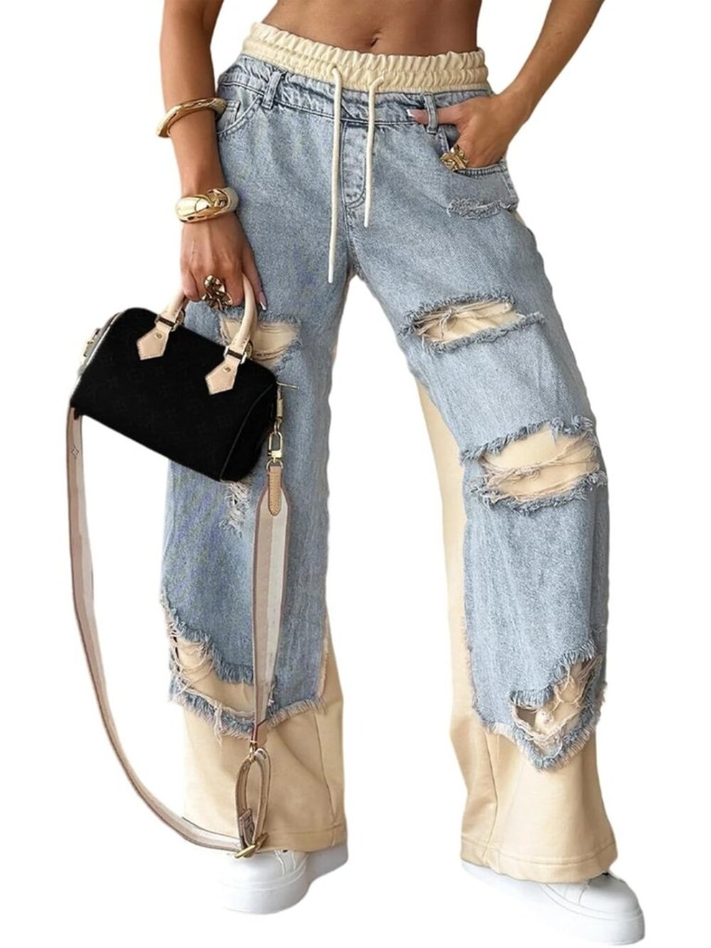 Baggy Patchwork Wide Leg Jeans with Drawstring, Ripped Y2K Stretchy Denim Pants